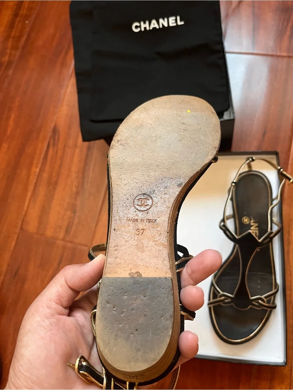Chanel 2007 Black Suede & Gold CC Sandals Size 37